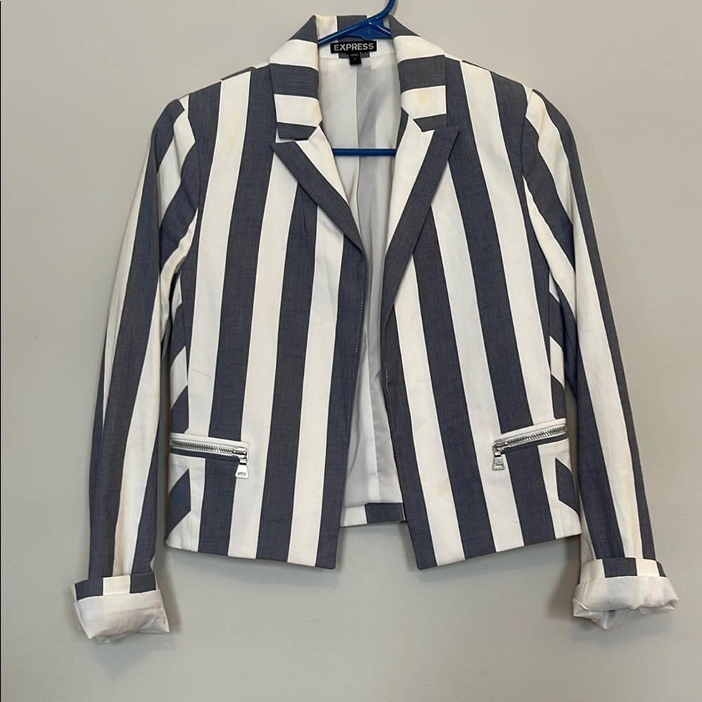 Express Women's Striped Linen Blue and White Blazer
